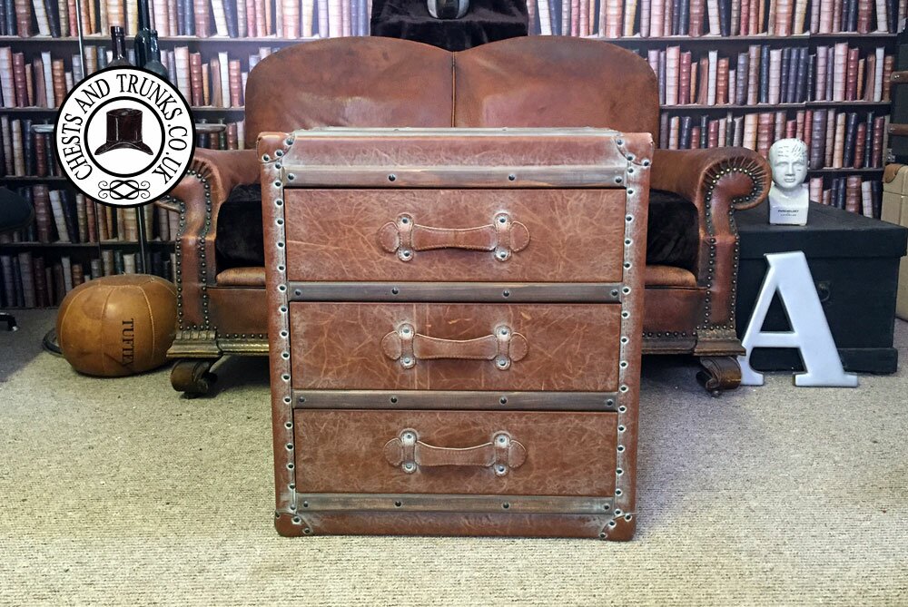 Tan Leather Trunk - 3 Drawers
