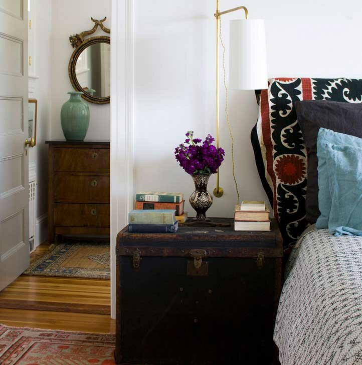 Vintage trunk used as bedside table